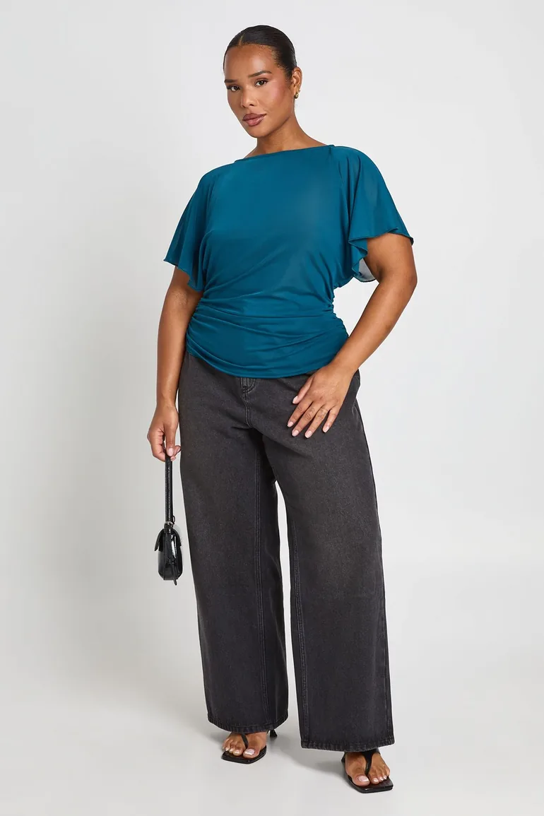 Plus Power Mesh Ruched Waist Floaty Top - teal