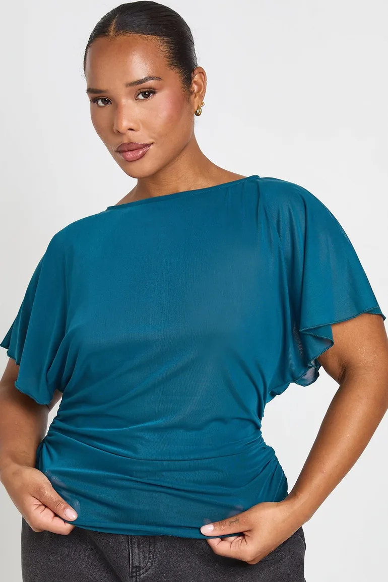 Plus Power Mesh Ruched Waist Floaty Top - teal - 1