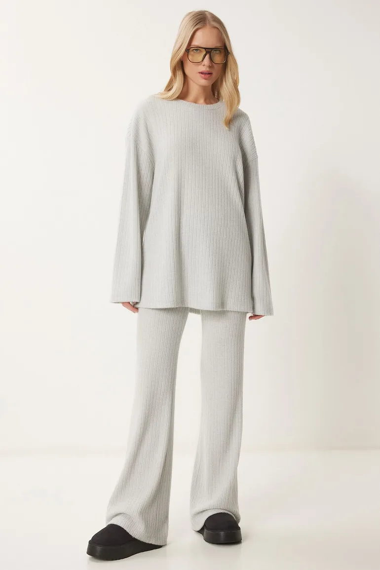 Women's Gray Comfortable Ribbed Knitted Blouse Trousers Set - 1