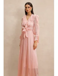 V Neck Ruffle Midi Dress - 3
