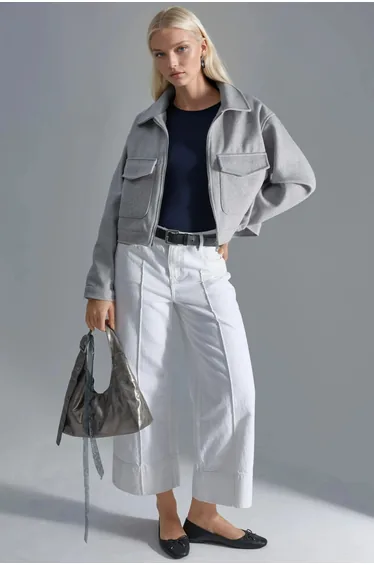 BUSEM Crop Gabardine Jacket with Zipper and Pocket