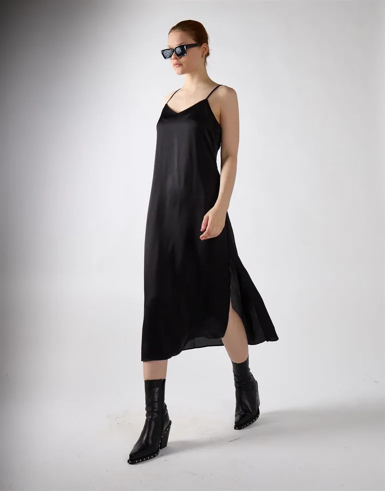 V-neck Open Back Midi Dress - Black Sateen - 3