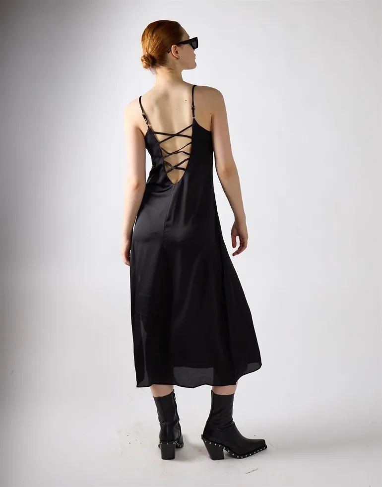 V-neck Open Back Midi Dress - Black Sateen - 1