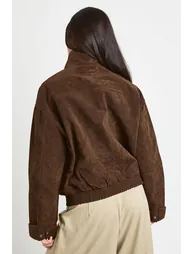 Faux Suede Funnel Neck Jacket - chocolate - 2