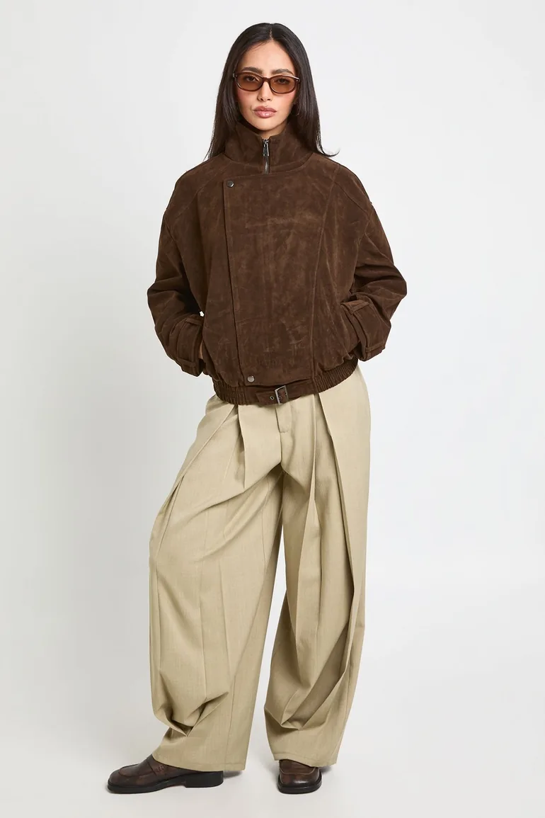 Faux Suede Funnel Neck Jacket - chocolate