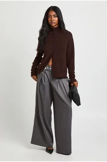High Neck Button Through Cardigan - chocolate