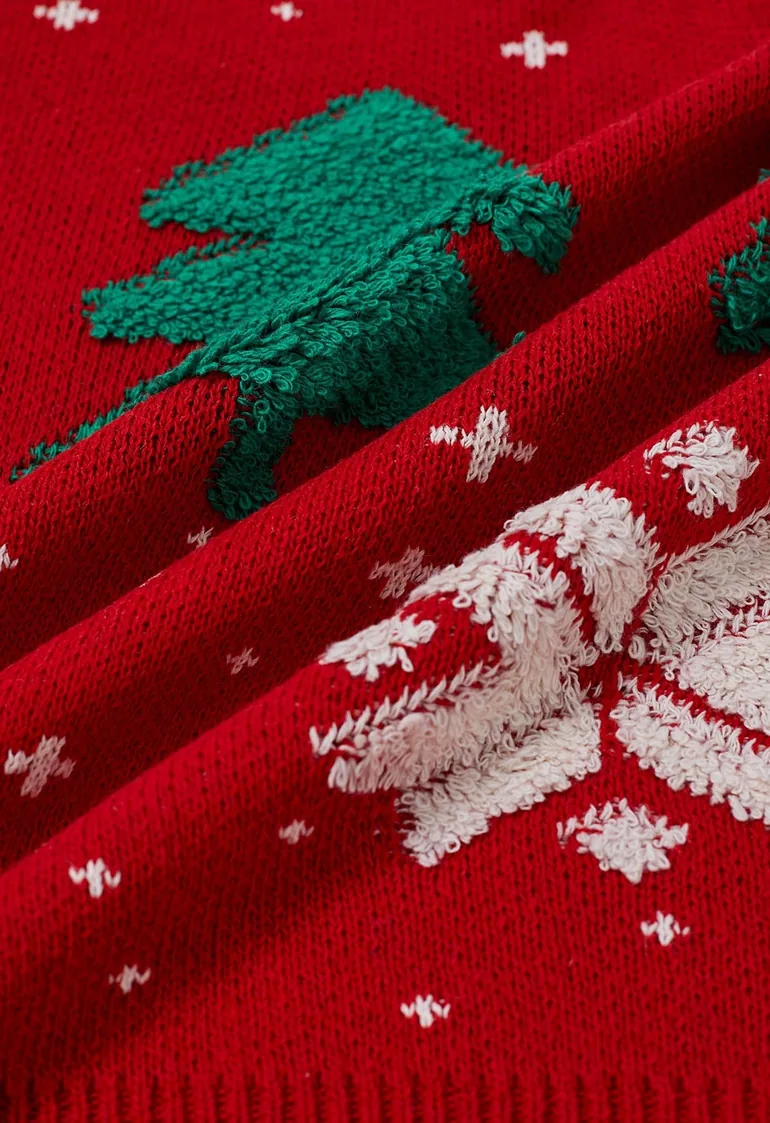 Christmas Tree and Snowflake Jacquard Knit Sweater in Red - 5