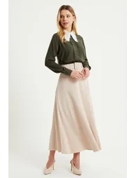 Belted Flared Skirt - Beige
