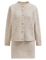Pearl Embellished Cardigan and Mini Bud Skirt Set in Oatmeal - 3