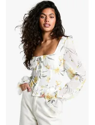 Blurred Ditsy Floral Print Chiffon Balloon Milkmaid Top - white