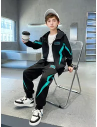 Teens Black Printed Panel Jacket and Joggers Set