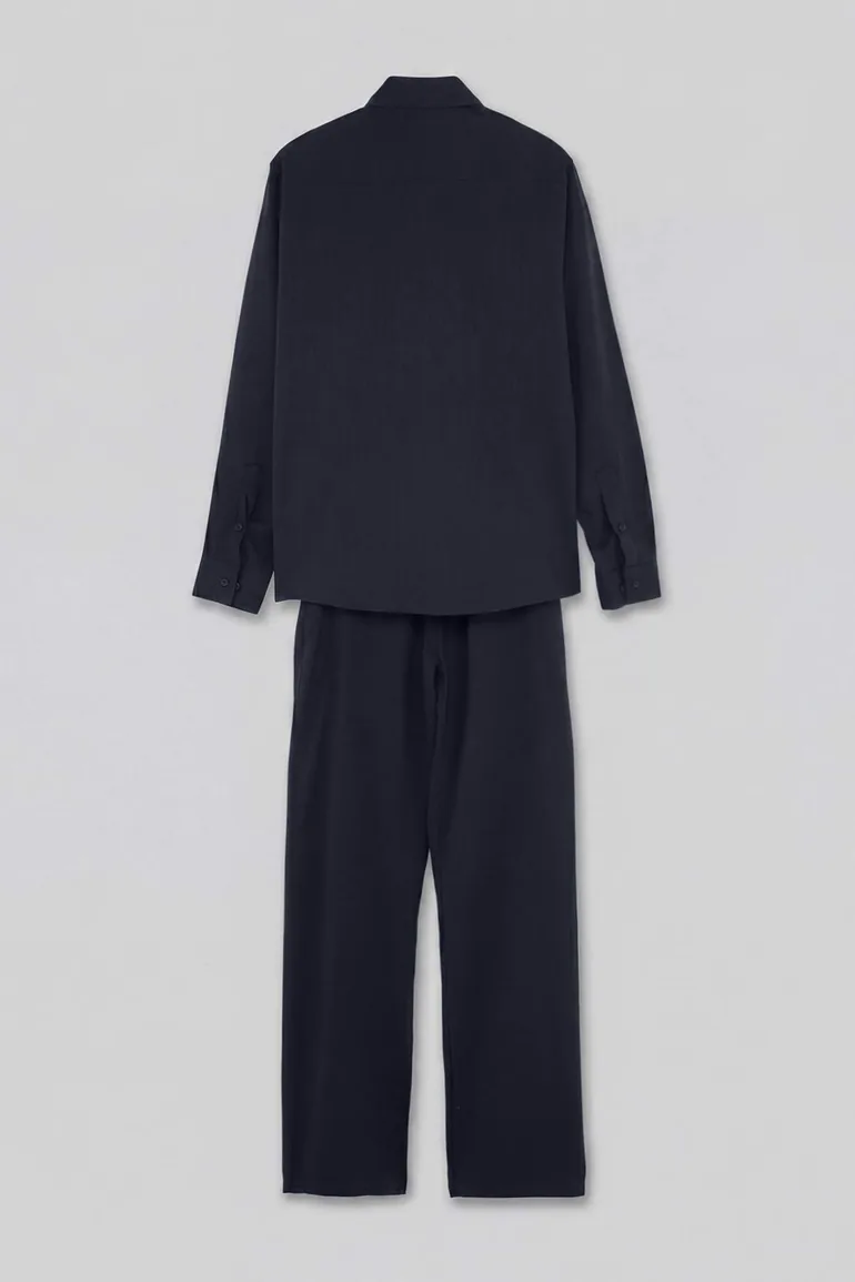 Navy Blue Linen Look 100% Cotton Regular Fit Shirt & Pants Set - 3