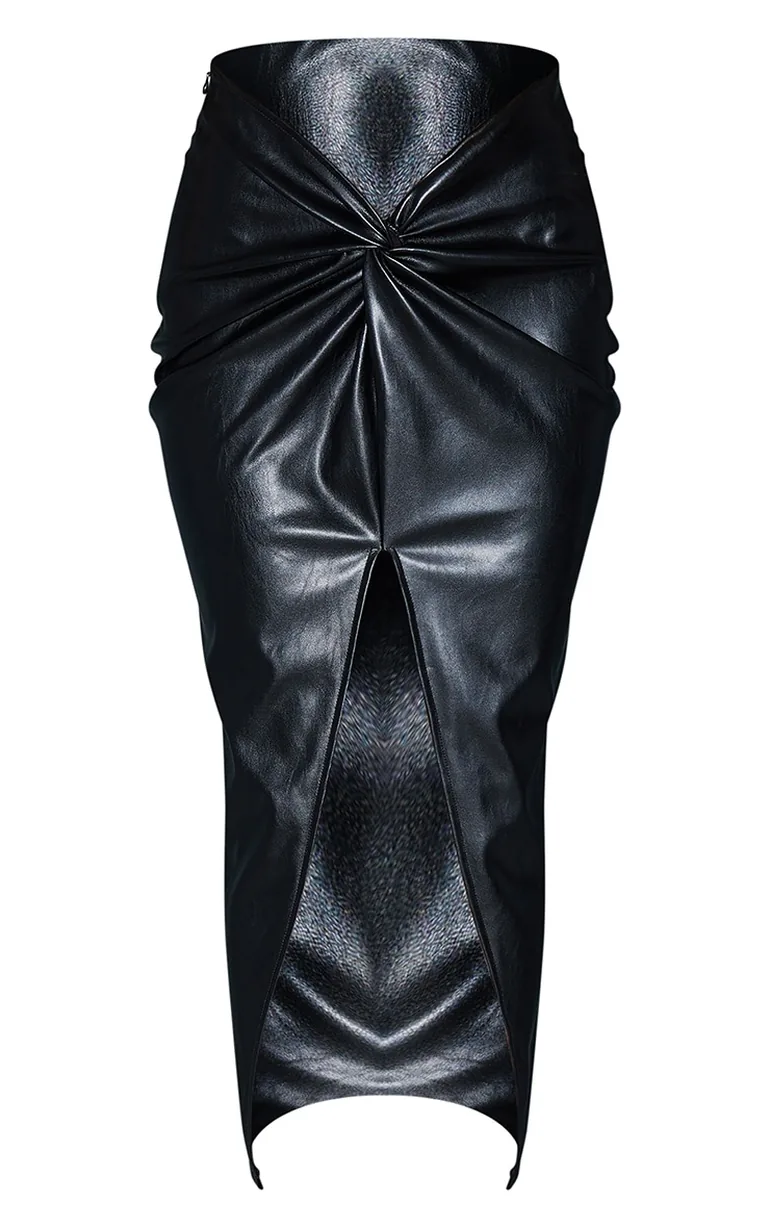 Black Faux Leather Twist Detail Front Midi Skirt - 4