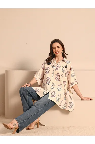 Off White Floral Cotton Shirt