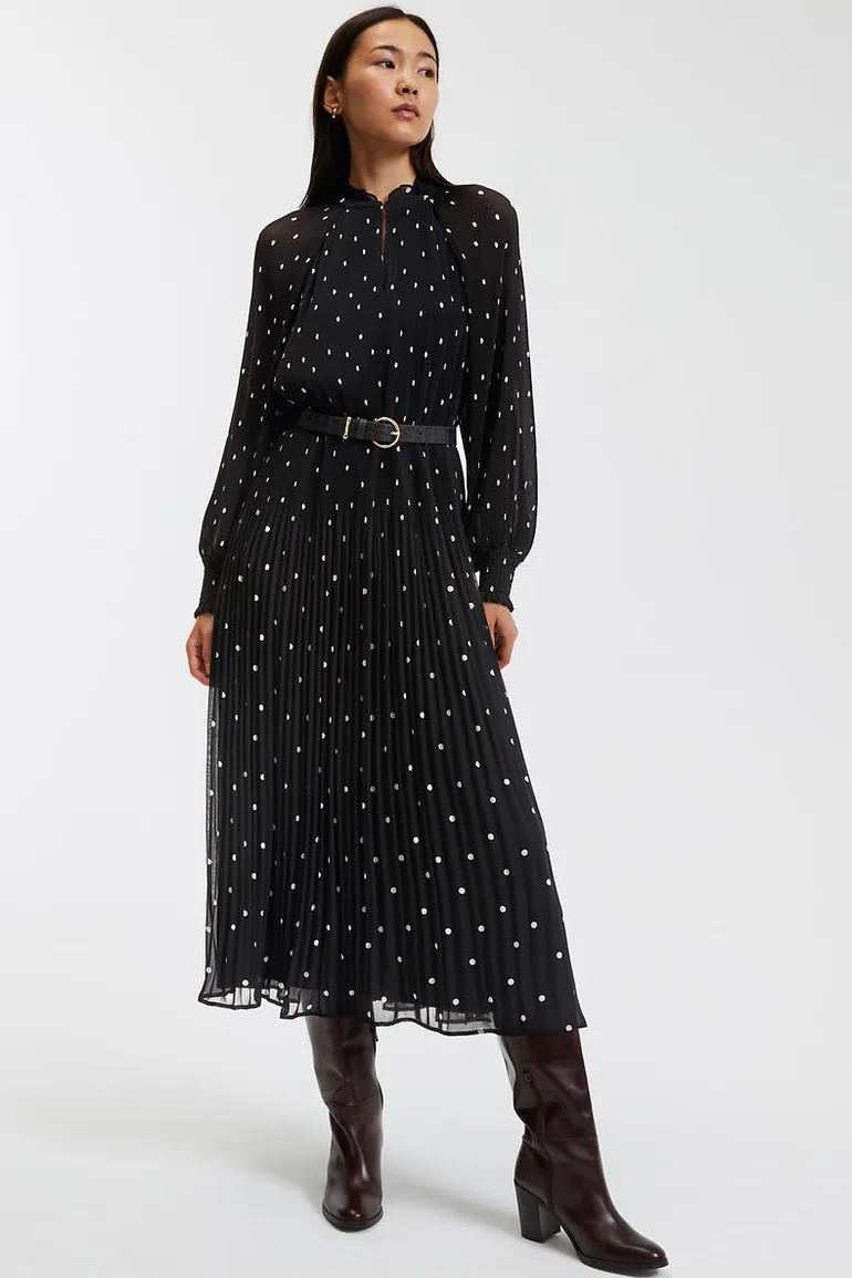 Polka Dot Midaxi Dress with Ruffled Neck