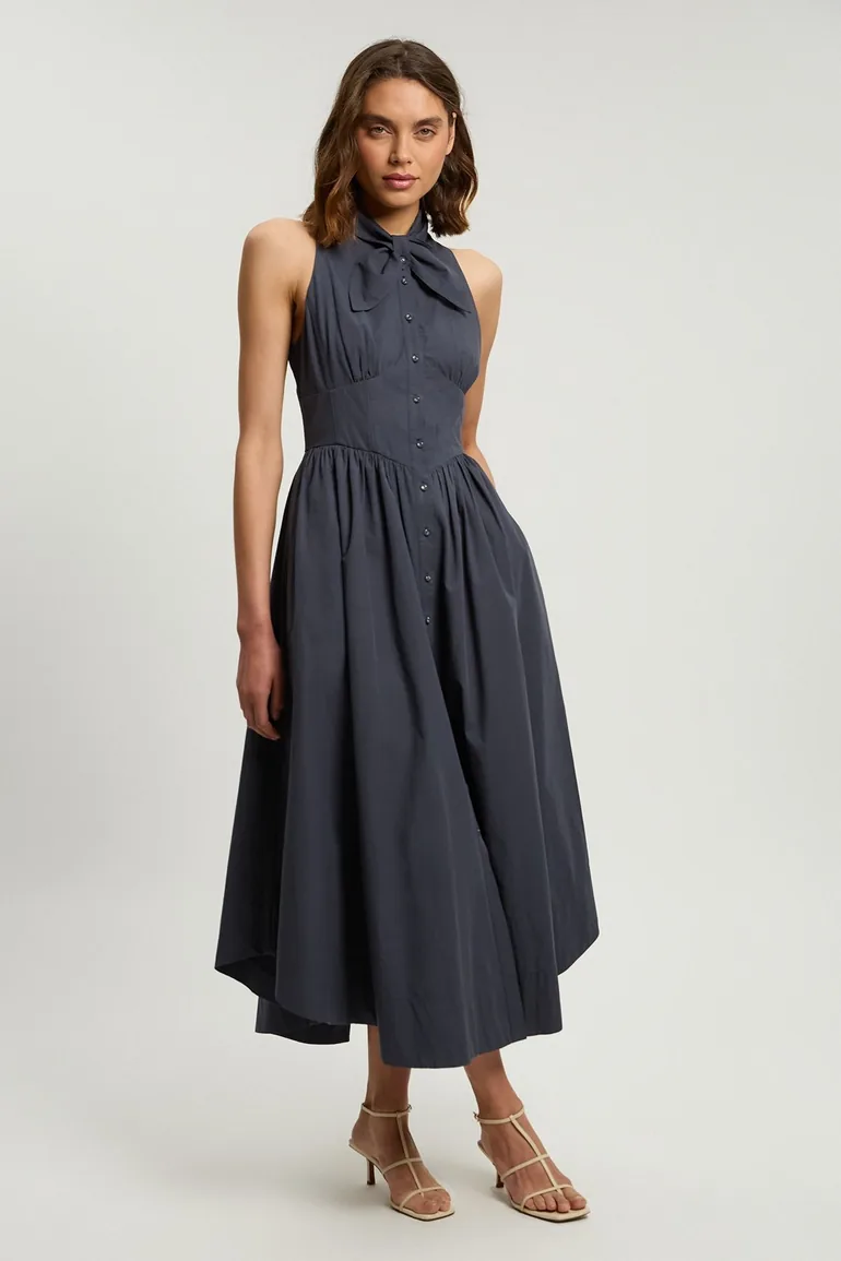 Cotton Poplin Tie Neck Midi Dress