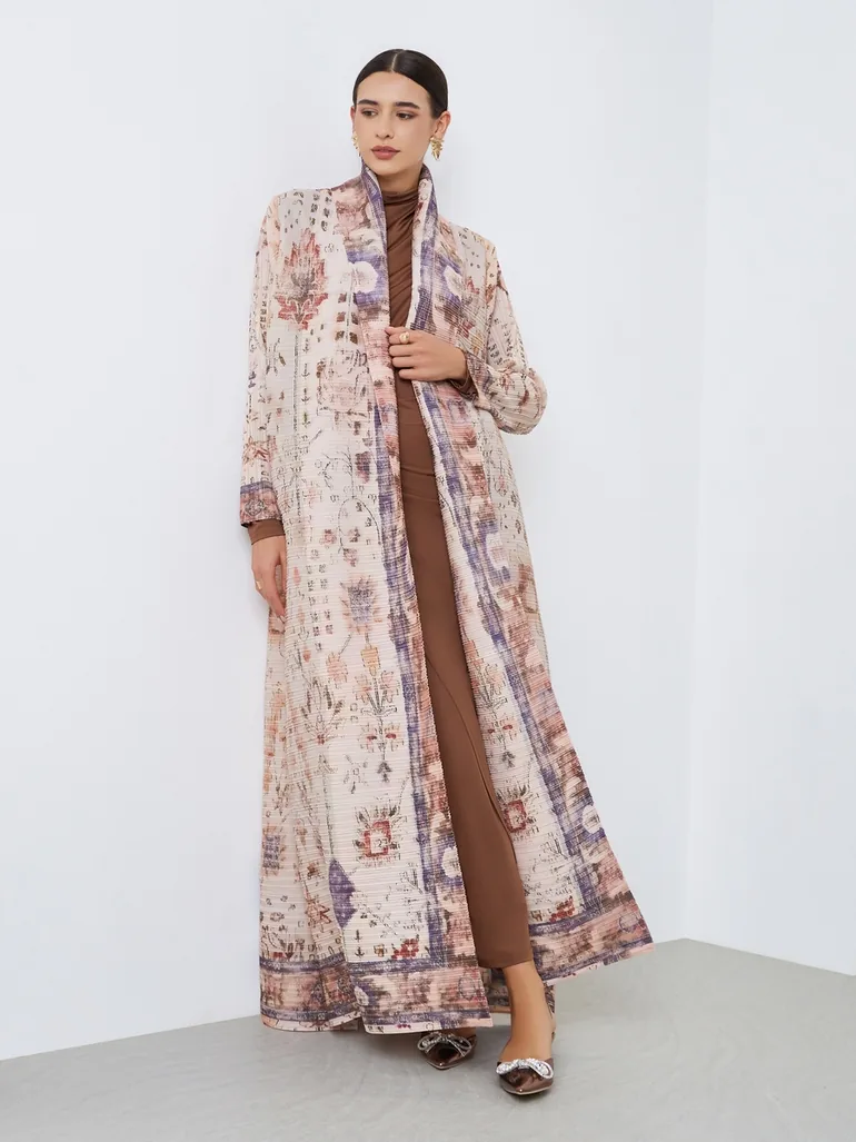 All-Over Printed Textured Pleated Long Sleeve Abaya
