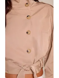 Beige Cropped Funnel Neck Dropped Waist Trench - 3