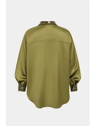 Patchwork Satin Faux Leather Asymmetrical Long Sleeve Shirt - 2