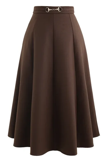 Horsebit Waist Seam Detail Flare Skirt in Brown