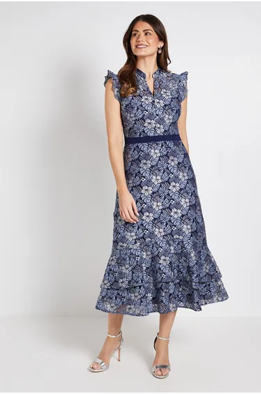 Lace Ruffle Sleeve Midi Dress
