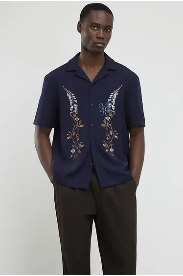 Navy Regular Fit Floral Embroidered Shirt