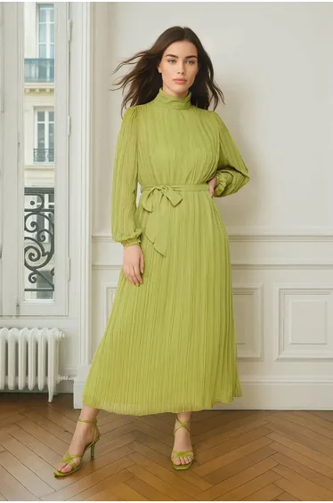 Oil Green Pleated Woven Lined Chiffon Dress