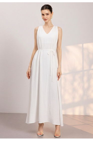 V-Neck Lace Open-Back Tie-Waist Maxi Dress in White