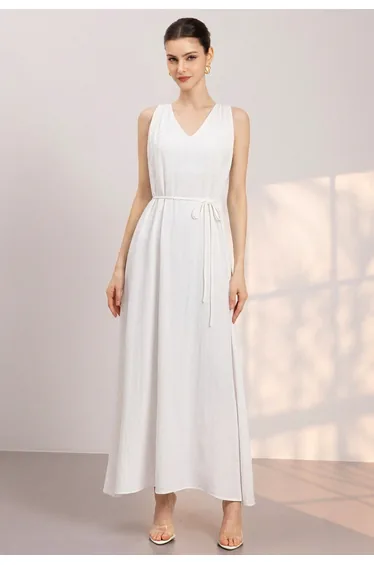 V-Neck Lace Open-Back Tie-Waist Maxi Dress in White