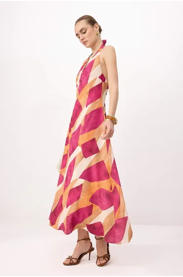 Multi Color Geometric Patterned V-Neck Maxi Woven Dress