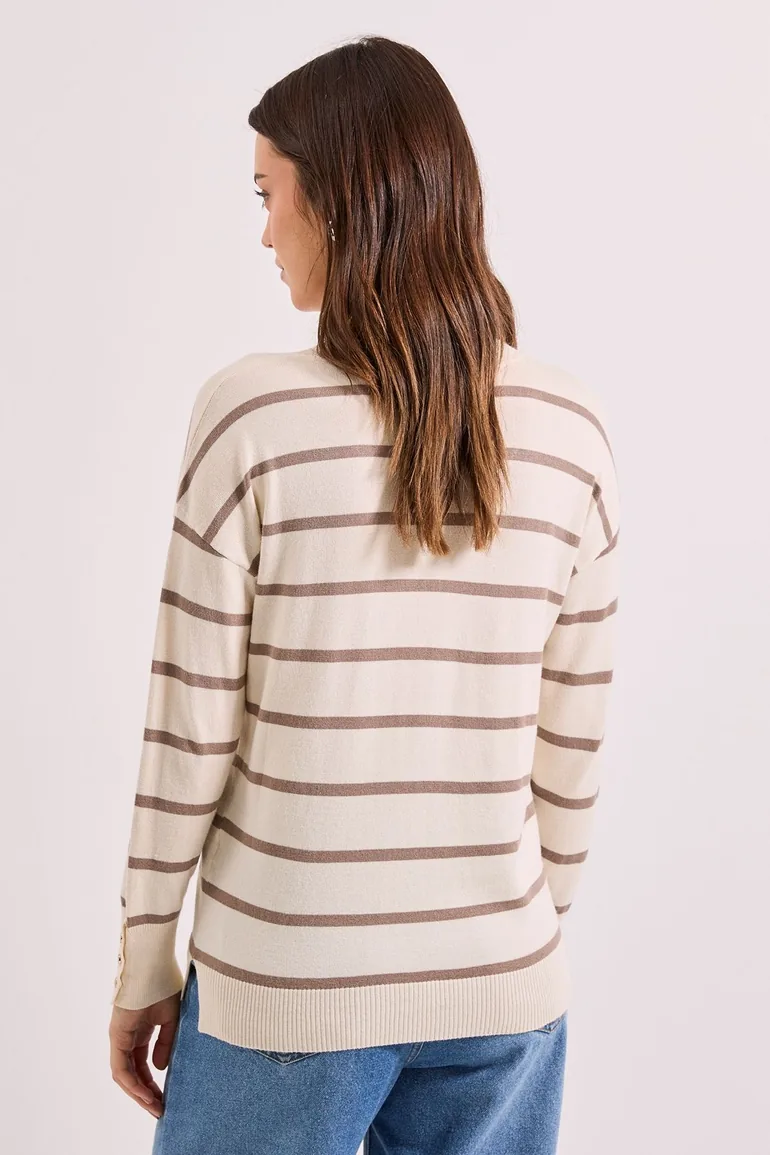 Stripe V Neck Button Cuff Jumper - 1