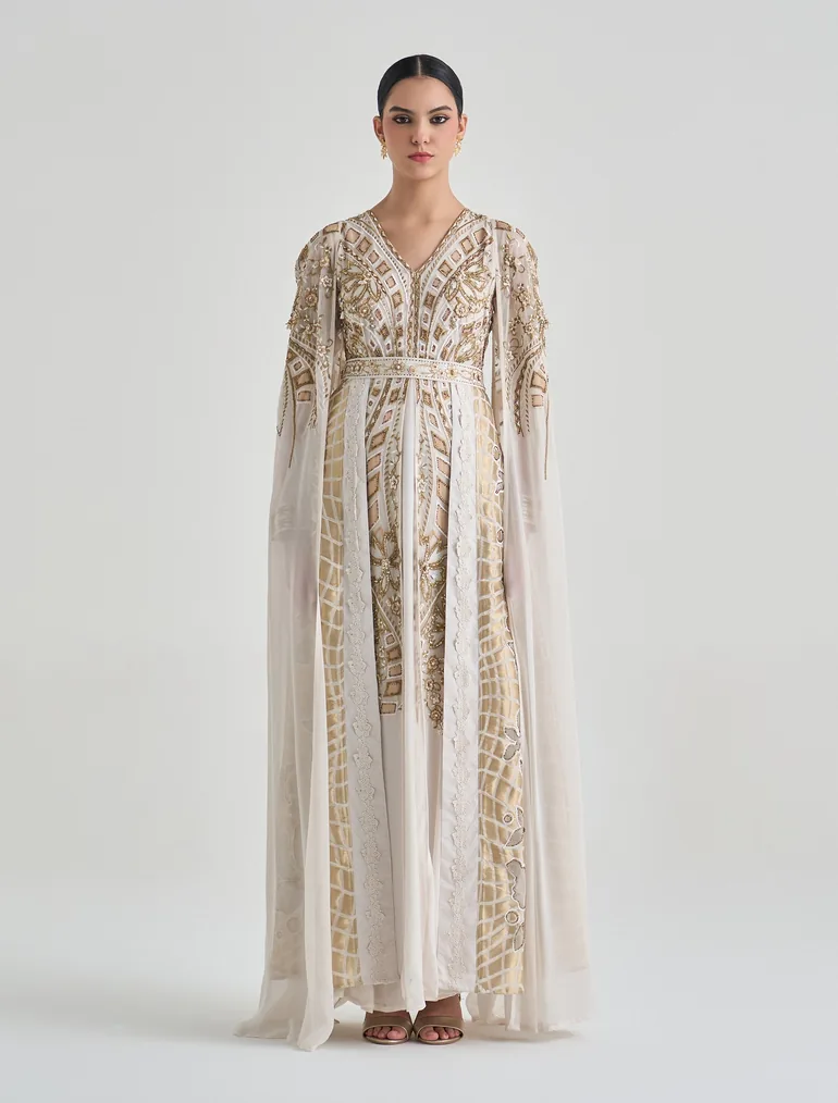Hand-Embroidered Off-White Evening Dress with Golden Embellishments