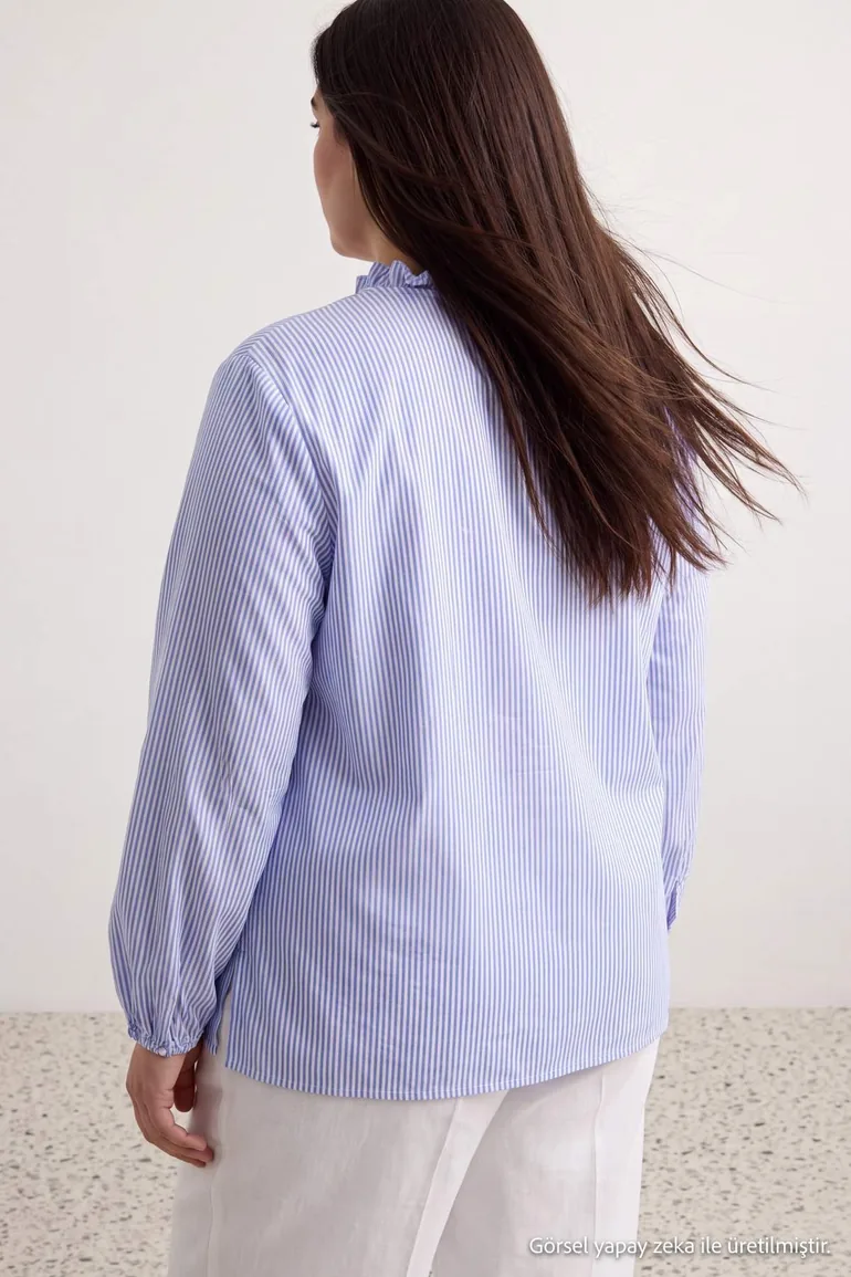 Blue Striped Ruffle Detailed Long Balloon Sleeve Plus Size Shirt - 3