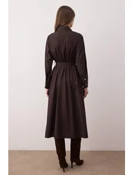 Dark Brown Belted Midi Woven Dress - 6