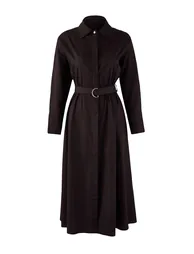 Dark Brown Belted Midi Woven Dress - 1