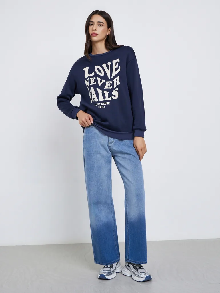 Navy Blue Slogan Print Relaxed Fit Sweatshirt