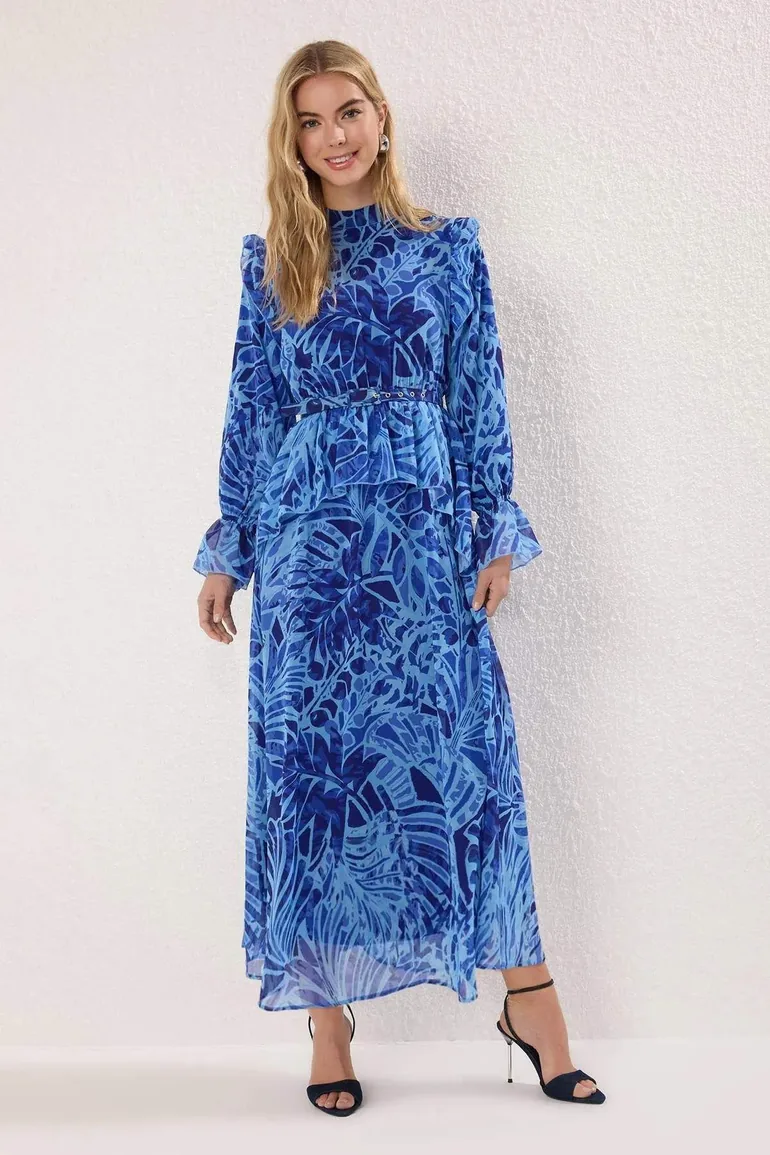 Saks Lined Floral Woven Chiffon Hijab Dress - 2