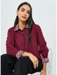 Burgundy Embroidered Collar Shirt - 1