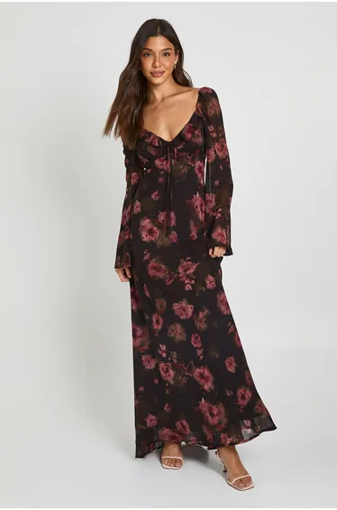 Tonal Floral Chiffon Flared Sleeve Maxi Dress - chocolate