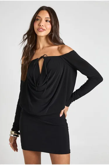 Slinky Bardot Drape Front Bodycon Dress - black