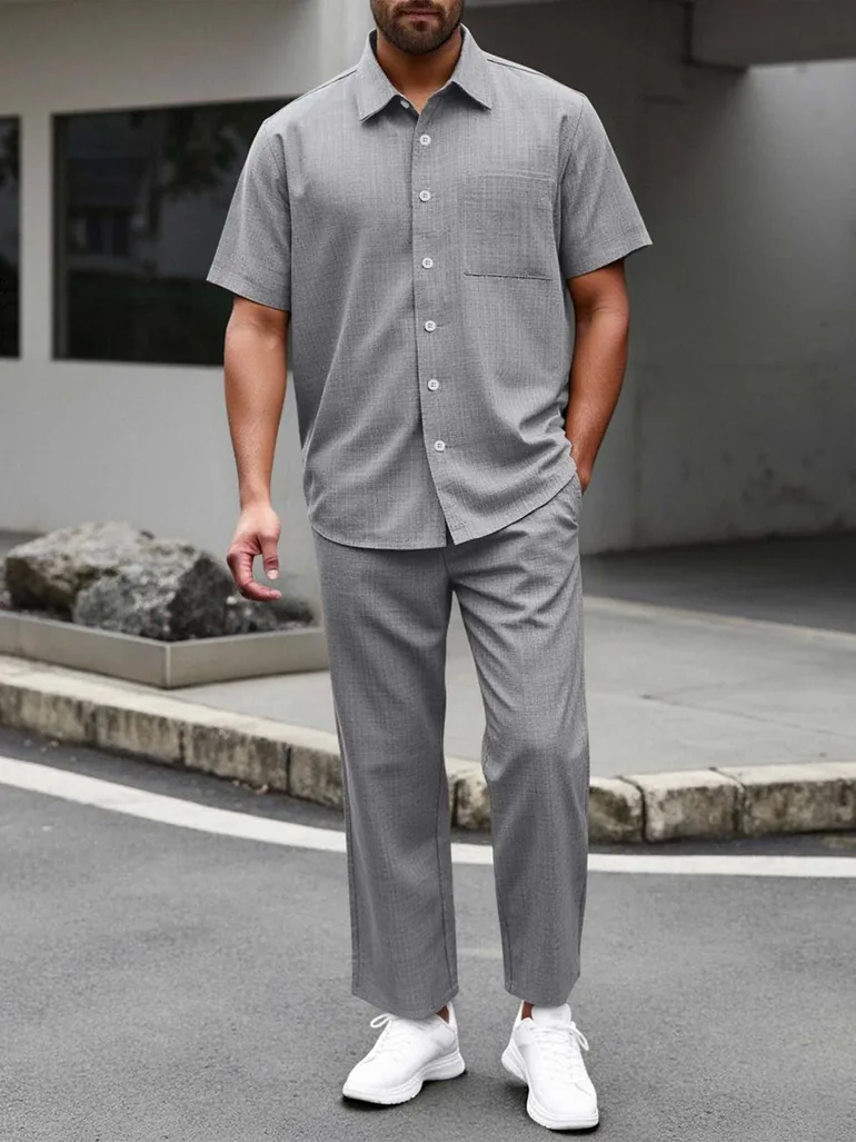 Grey Solid Pocket Detail Shirt and Trousers Co-Ord Set