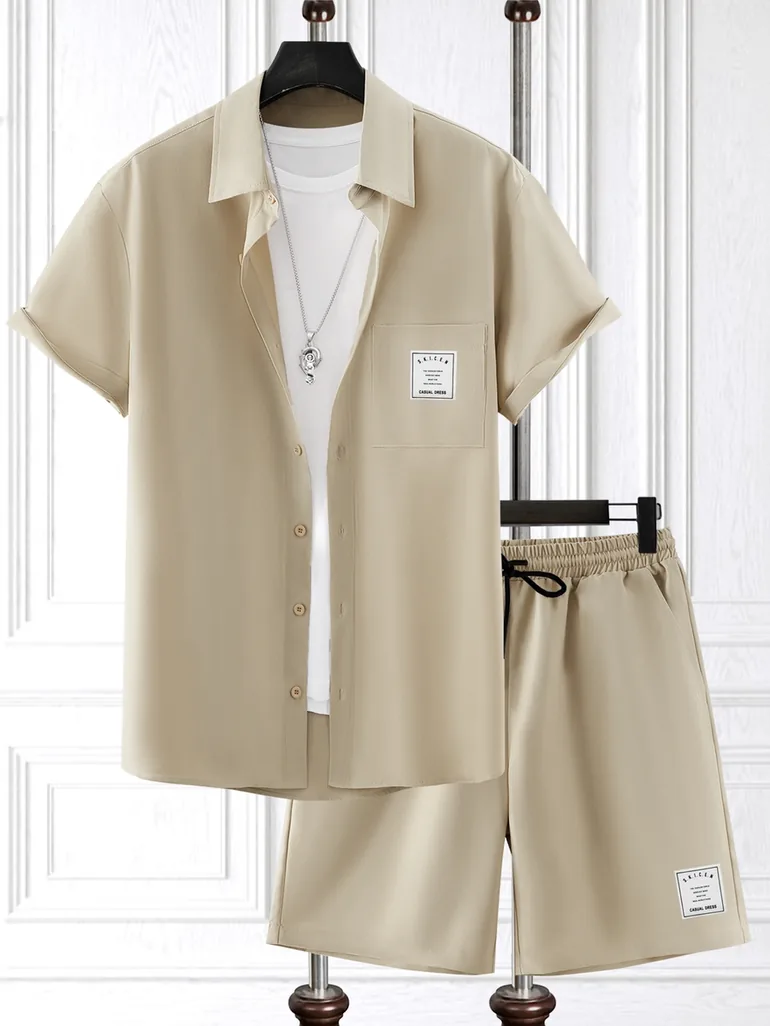 Men Beige Solid Short Sleeve Button Front Shirt and Shorts Co-Ords
