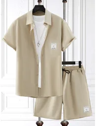 Men Beige Solid Short Sleeve Button Front Shirt and Shorts Co-Ords