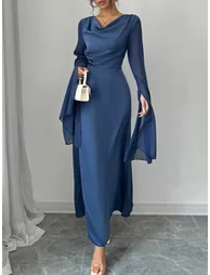 Dark Blue Slit Sleeve A-Line Maxi Dress - 5