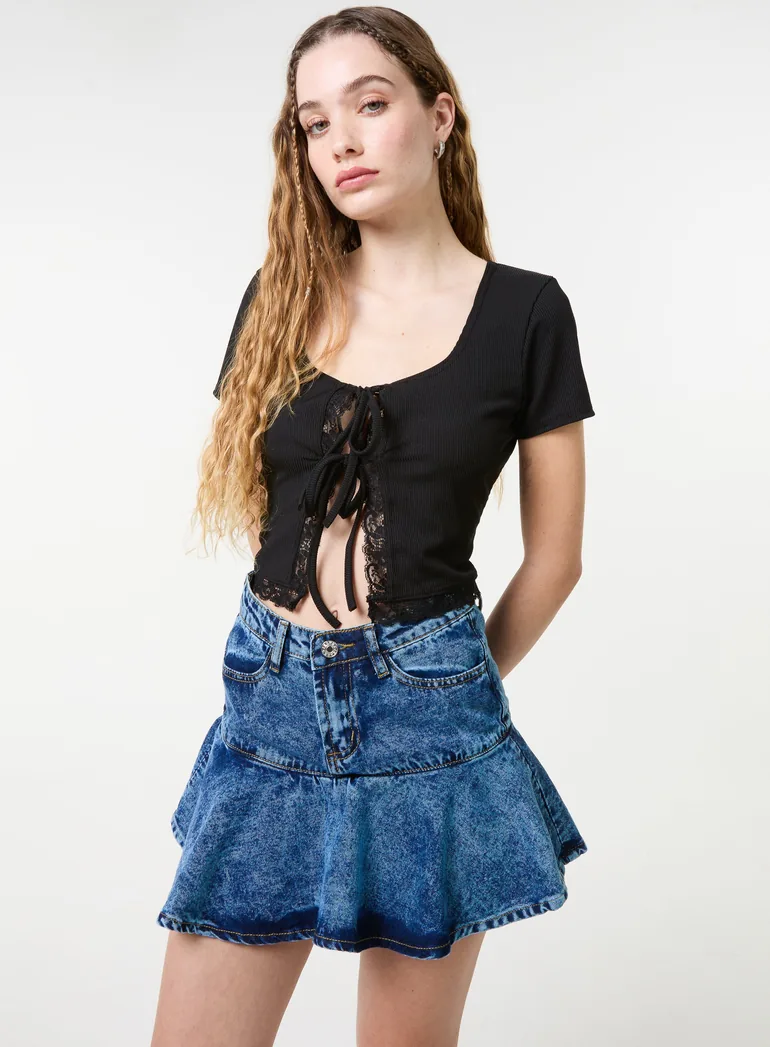 Ribbed Lace Tie Front Top - 1