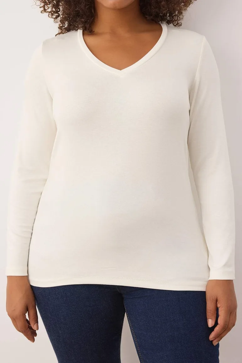 Ecru Premium Soft Fabric V-Neck Fitted/Fits Body Flexible Knit Plus Size - 2