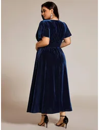 ever AZALEA|Graceful V-Neck Waist Design Short Sleeves Fall Velvet Midi Bridesmaid Dress - 6