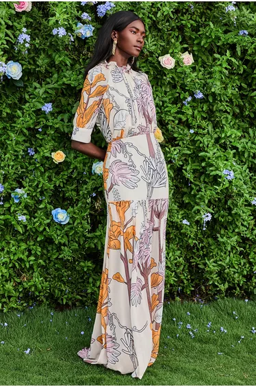 Alphonsine Chiffon Botanical Print Frill Maxi Dress