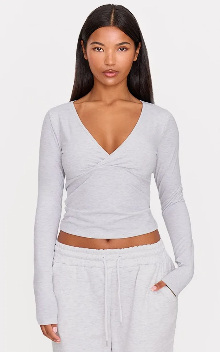Ash Grey Sculpt Crossover Long Sleeve Top - 5