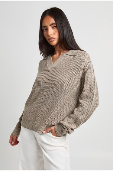 Chunky Knit Collared V Neck Jumper - taupe product thumbnail 2